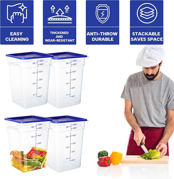 BIEAMA 4 Pack 22 Qt Square Food Storage Containers with Lids, NSF, Clear | Commercial polycarbonate containers with scale markings and handles; stackable for prep, brining, fermentation & bulk storage - Image 4