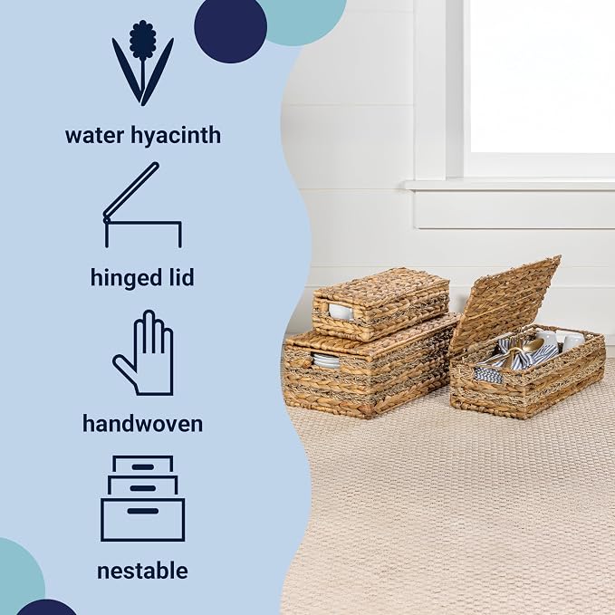 happimess Sandrine 3-Piece Hyacinth Storage Baskets with Lids, Natural | Handwoven Seagrass Wicker, Farmhouse Nesting Containers with Handles, Iron Metal Frame, Decorative Organizer Bins - Image 3