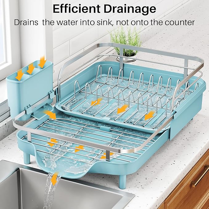 SNTD Expandable Dish Drying Rack for Kitchen Counter, 15.2-22.1 in, Blue | Rust-Resistant Stainless Steel, Protective Side Rails, Self-Draining Drainboard, Removable Utensil Holder - Image 4