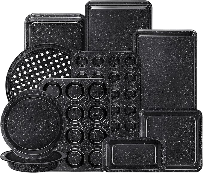 Terlulu 10-Piece Baking Pans Set, Bakeware Sets Nonstick, Baking Set for Oven Cooking, Stackable Carbon Steel Set Include Cookie Sheets, Muffin Pan, Cake Pan, Pizza Pan, Loaf Pan, Roasting Pan, Black by Terlulu