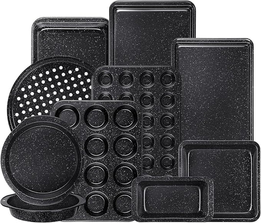 Terlulu 10-Piece Baking Pans Set, Bakeware Sets Nonstick, Baking Set for Oven Cooking, Stackable Carbon Steel Set Include Cookie Sheets, Muffin Pan, Cake Pan, Pizza Pan, Loaf Pan, Roasting Pan, Black by Terlulu