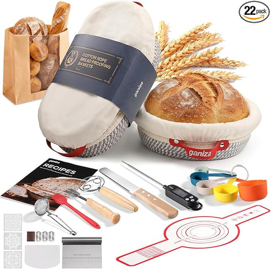 Ganiza 22-Piece Sourdough Proofing Basket Gift Set, Natural Cotton Rope | 9'' Round & 10'' Oval Banneton Basket with Liners & Covers, Easy to Clean, Sourdough Starter Kit with Recipe for Bread Baker by Ganiza