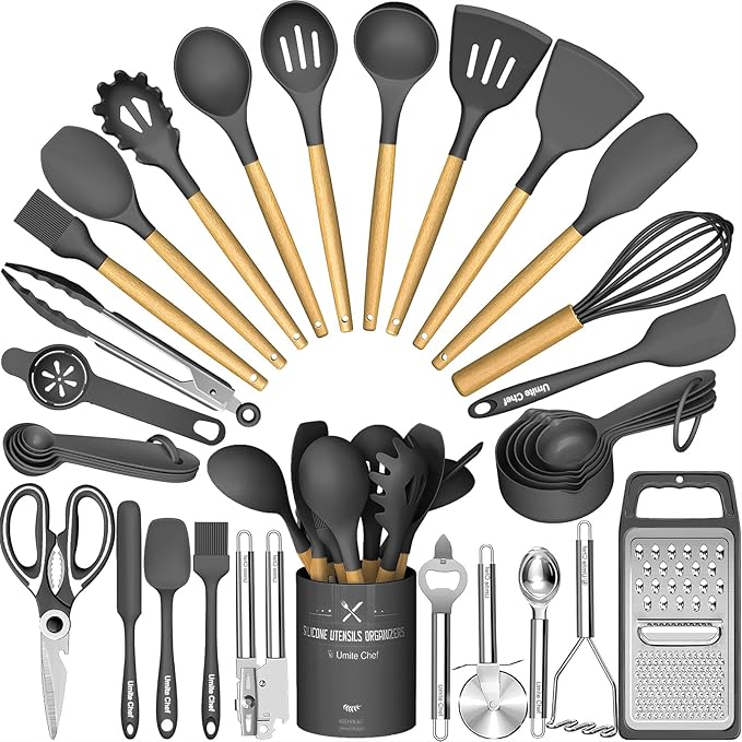 Umite Chef Silicone Kitchen Utensil Set, 34PCS Heat Resistant Kitchen Gadgets and Tools With Grater, Wood Handles for Nonstick Cookware (Dark Gray) by UmiteChef