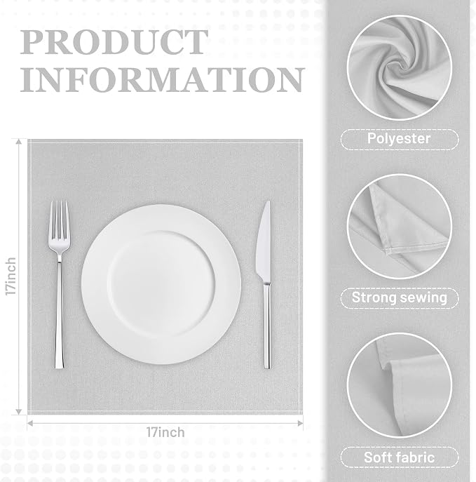 SuperO Set of 40 Cloth Napkins 17 x 17 Inch, Polyester Solid Washable Dinner Napkins with Hemmed Edges,Great for Restaurant, Wedding and Party(Silver) - Image 3