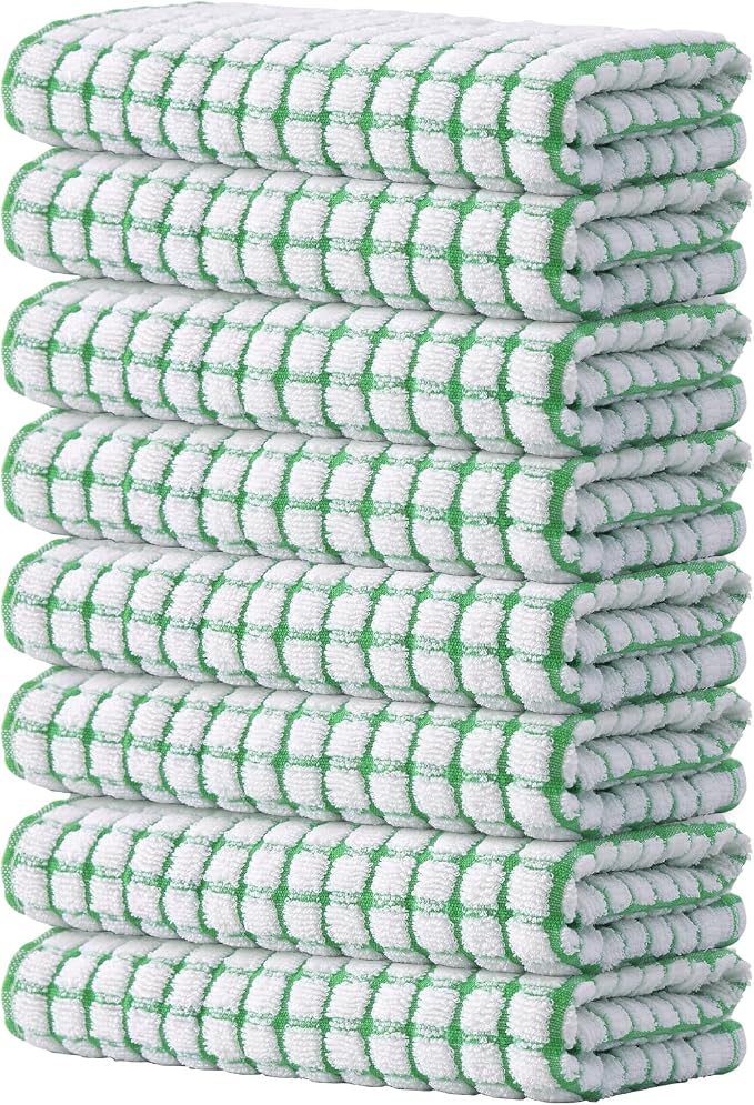 Kitinjoy Cotton 8 Pack Terry Kitchen Towels, Green | 16 x 25 Inches Super Soft and Absorbent Dish Towels, Quick Drying hand towels for kitchen Drying by Kitinjoy