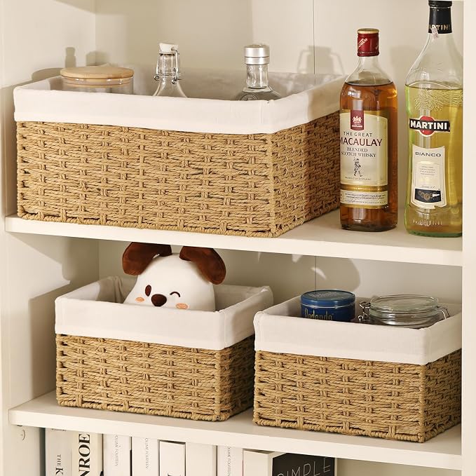 Wicker Storage Basket, 3-Pack Woven Paper Rope Wicker Baskets with Handles, Large Wicker Basket Cube Storage Bins with Liners, Storage Baskets for Organizing Shelves & Decor, Natural - Image 6