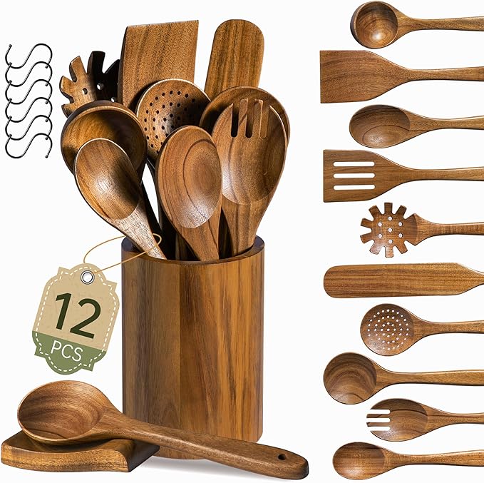 12 PCS Natural Acacia Wooden Utensil Set Wooden Spoons for Cooking | Non-Toxic, Nonstick Safe, Sturdy & Easy to Clean, Comes with Holder, Spoon Rest & 6 Hooks, Perfect Practical Kitchen Gift by FyctioHome