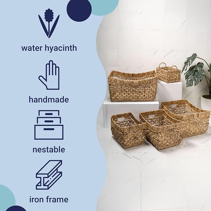 happimess Aria 5-Piece Nesting Storage Baskets Water Hyacinth 21", Natural | Handwoven Contemporary Bohemian Design, Iron Metal Frame, Open Weave, Decorative Organization For Living Room and Bedroom - Image 3