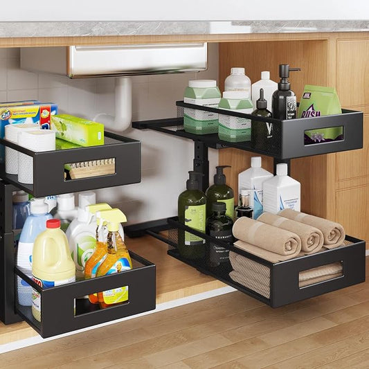 Under Sink Organizer, 2-Tier Dual Pull Out Cabinet Organizer Drawers With Smooth Circular Rail, Large Capacity Metal Mesh Sliding Shelves For Bathroom& Kitchen Storage,Height Adjustable–Black,2 Packs by UnderSinkOrganizer
