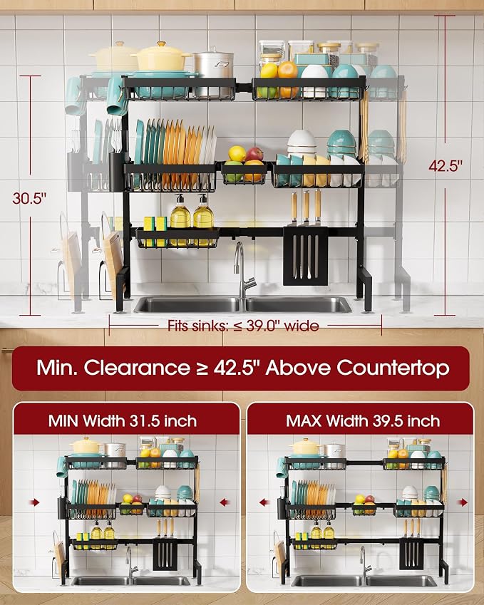 Sakugi Over The Sink Dish Drying Rack - Adjustable 3 Tier XX-Large Capacity Stainless Steel Drainer with Cutlery & Utensil Holders, Kitchen Storage & Organization, 31.5"-39.5"L x 12"W x 30.5"H, Black - Image 3