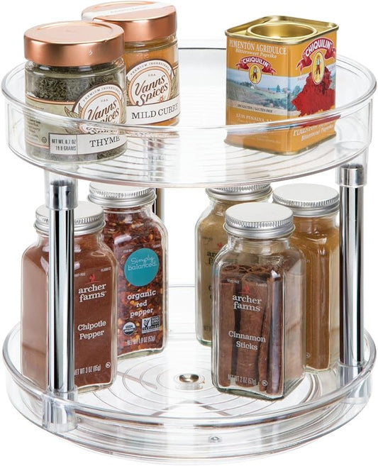 iDesign 9-Inch Recycled Plastic 2-Tier Lazy Susan Organizer, Clear/Chrome | Linus Collection by iDesign