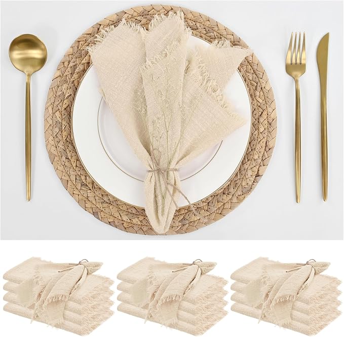 12 Pack Beige Cotton Linen Napkins 16 x 16 Inch Beige Napkins Cloth Handmade with Fringe Soft Cloth Napkins Washable Rustic Dinner Napkins Cloth for Wedding Party Dinner Table by ABKLESACH