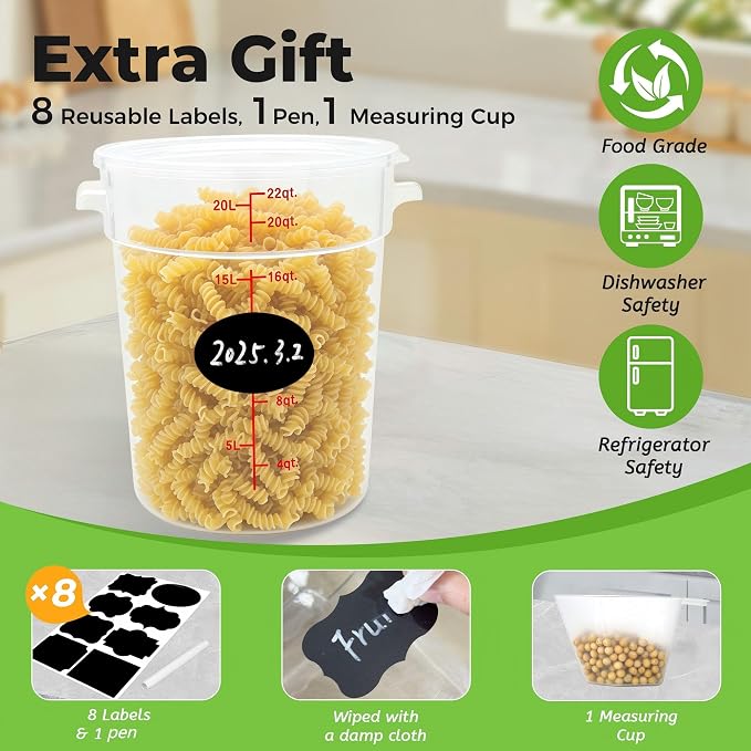 BIEAMA 4 Pack 22 Qt Round Food Storage Containers with Lids, Translucent PP | Include lids, labels, measuring cups and containers with capacity markings for food prep, pantry storage and dough proofing. - Image 4