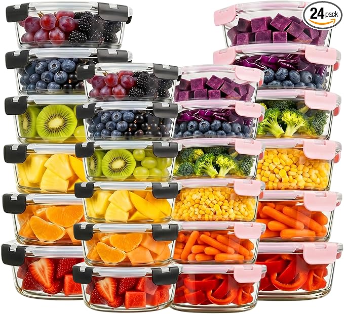 Konokyo 24 Pack Round Glass Food Storage Containers with Lids, 12 Pink + 12 Black, Airtight Leakproof Meal Prep Containers, BPA-Free, Microwave Oven Freezer & Dishwasher Safe by Konokyo