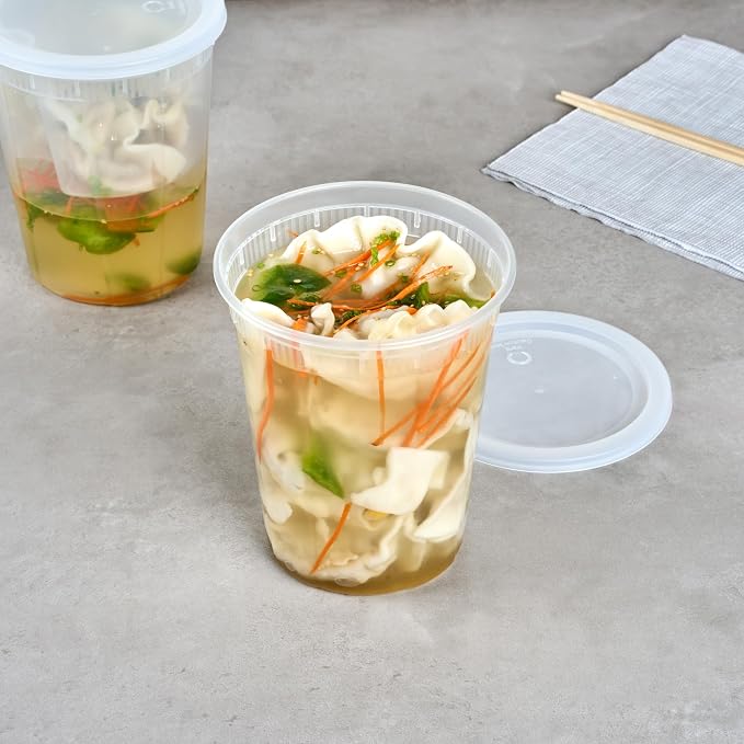 Restaurantware Plastic Food Container 100 Pack of 40 oz Clear Microwave-Safe Storage Container With Lid Leakproof Round Shape Disposable Freezer-Safe - Image 6