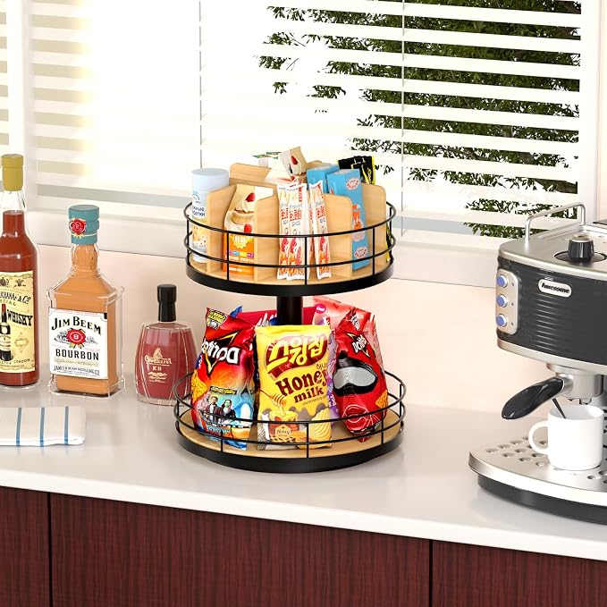Snack Organizer - Versatile Snack Storage 2 Tier Lazy Susan with Convenient Grab-and-Go Design, Wood and Metal Snack Holder for Home, Office, Breakroom, 12.13" L x 12.13" W x 12.56" H - Image 7