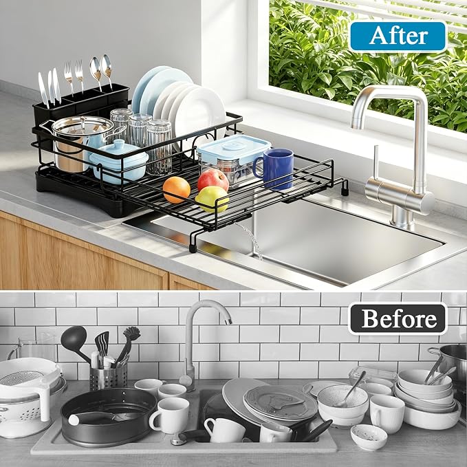 Expandable Dish Drying Rack for Kitchen Counter, Large Capacity Dish Rack with 360° Rotatable Drain Spout & Utensil Holder, Stainless Steel Dish Drainer for Kitchen Sink, Black - Image 7