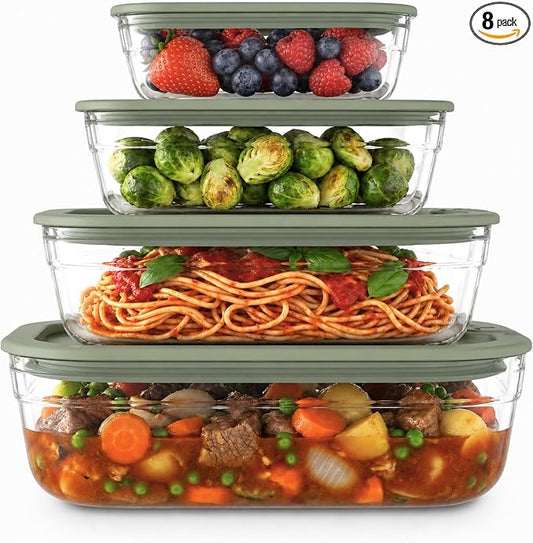 Naked Kitchen 8-Piece Food Storage Containers with Lids – Nesting Borosilicate Glass Meal Prep Containers with Leak-Proof Airtight Seal – BPA Free, Microwave, Oven, Freezer & Dishwasher Safe – Green by NakedKitchen