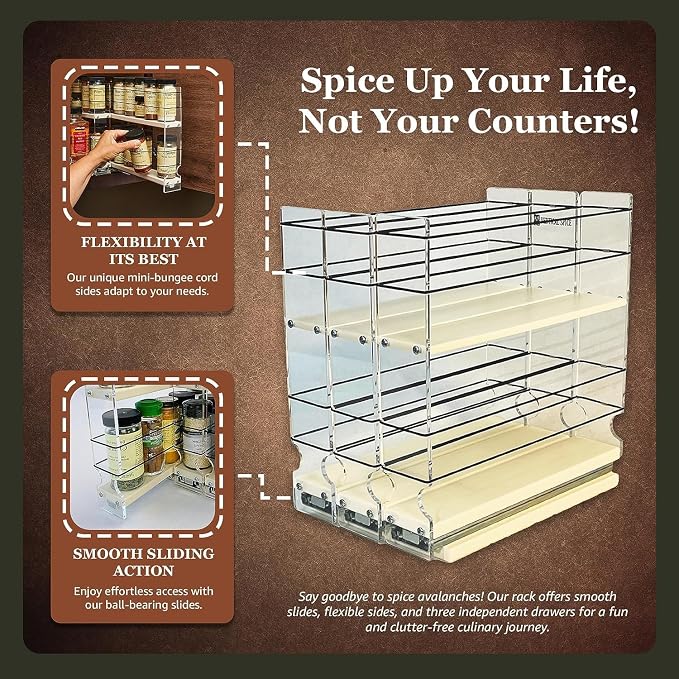 Cabinet Mounted Spice Rack Drawer - Pull Out Cabinet Organizer - Cupboard Organizers & Storage - Pantry Shelf -45 Half Sized Jars, 3 Drawers, 2 Tiers (6.9" W x 9.25" H x 10.6" D, Cream) - Image 5