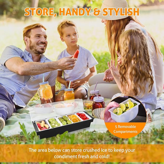WICHEMI Ice Chilled Condiment Caddy with 5 Removable Trays and Lids | Condiment Container, Taco Bar Serving Tray, Fruit & Garnish Trays Serving Platter for Salad, Party Supplies & Bar Accessories - Image 4