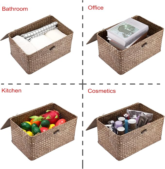 Hipiwe Wicker Shelf Baskets Bin with Lid Large Handwoven Basket Box, Coffee | Natural Seagrass Storage Baskets, Rectangular Household Basket Boxes for Shelf Wardrobe Home Organizer - Image 5