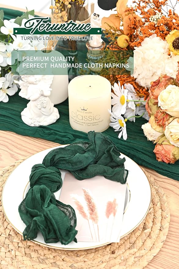 42 Packs Gauze Cheesecloth Napkins 20 x 20 Inch Emerald Green Wrinkled Dinner Napkins, Dark Green Rustic Boho Soft Cloth Napkin for Wedding Party Event Dinner Table Decoration - Image 6