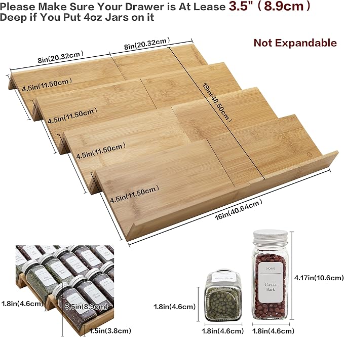 Bamboo Spice Rack Drawer Organizer - 8 Piece Set - 8" or 16" Wide - Image 4