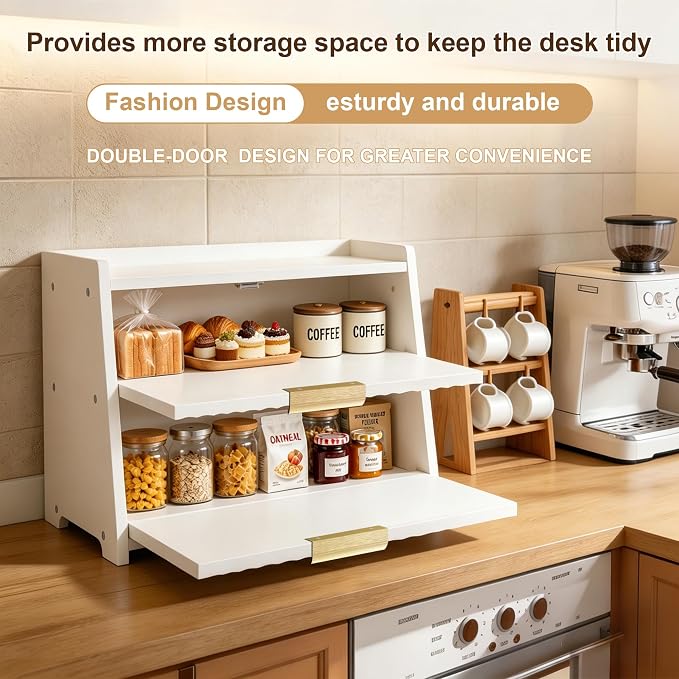 Large Bread Box, White, Double Layer Wooden | Top Shelf, Countertop Organizer Cabinet, For Bread & Coffee Station, Kitchen Essentials Storage - Image 4