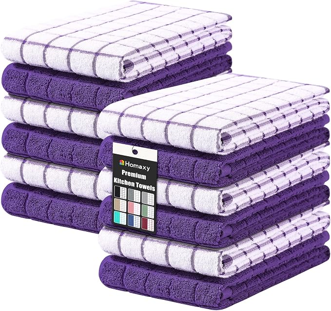 Homaxy Large Premium Cotton Kitchen Towels 16"x 28", 12 Pack, Purple | Natural Ring Spun 390 GSM Dish Towels, Super Absorbent Terry Kitchen Hand Towels, Soft Tea Towels with Hanging Loop by Homaxy