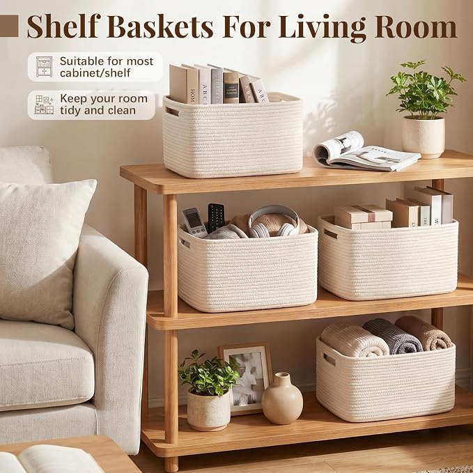OIASKET 4Packs Natural Cotton Rope Storage Baskets for Organizing Toys, Clothes, Towels & Books, Soft Versatile Organizers for Shelves, Home Decorative Bins, 13''Lx9''Wx7.8''H, White - Image 5