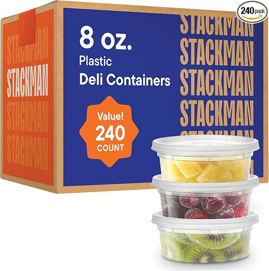 [240 Sets - 8 oz.] Clear Plastic Containers with Airtight Lids - Deli Food Storage, Slime, and More - Bulk Pack - Small Containers with Lids - 240/Case - Stack Man Brand by StackMan