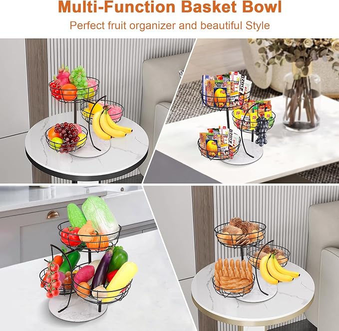 Livabber Fruit Basket Bowl with Banana Hanger, Metal Fruit Vegetable Storage Basket with Banana Holder for Kitchen Counter, Detachable Organizer for Bread Snack Produce (Black, 3-Tier Marble Base) - Image 7