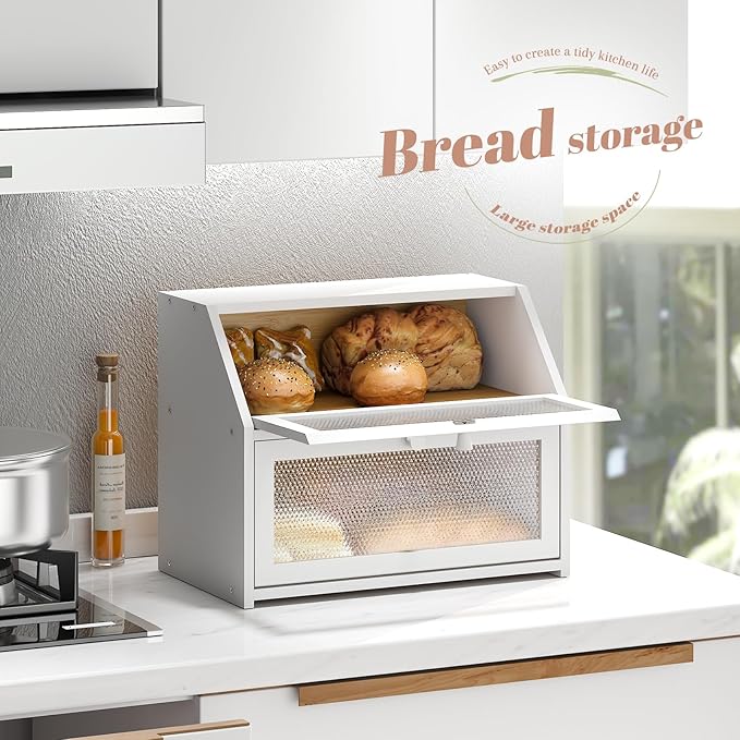 STDDRE Bread Box for Kitchen Countertop Bin Double Layer Bread Box Storage Container Extra Large Capacity Farmhouse with Diamond Pattern Windows (White, Large) - Image 4