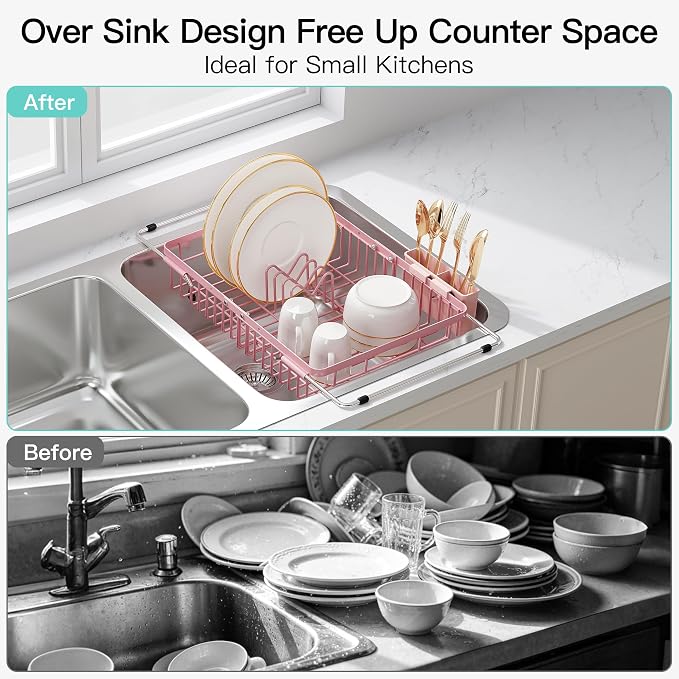JASIWAY Pink Dish Drying Rack Over the Sink with Utensil Holder | Expandable Stainless Steel Dish Driainers for Small Kitchen, Counter Space Saving, Fast Drain, Rust Resistant, For Apartment - Image 2