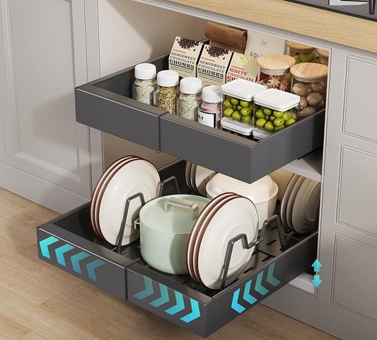 Seinloes 2 Pack Pull out Cabinet Organizer 21" Deep With Raising Pad for Framed Cabinets, Expandable (9"-14" W) Slide out Drawers for Kitchen Cabinets with 4pcs Divider Racks, Roll out Shelves, Black by Seinloes