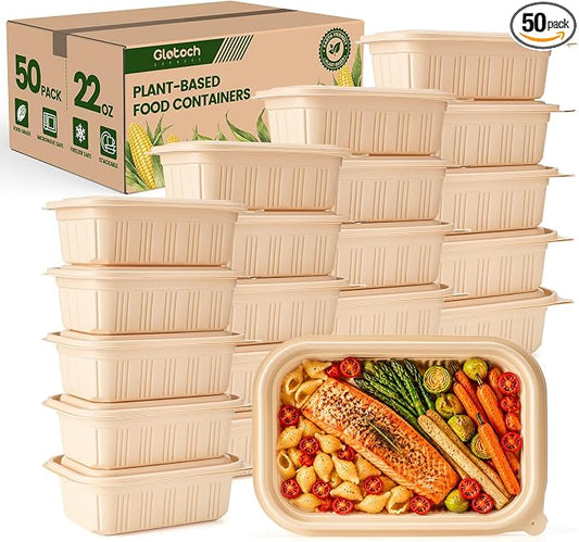 50 Pack (100 Piece) Food Containers with Lids, 22oz Meal Prep Containers Reusable Plant-based Cornstarch Lunch Box BPA Free Small Disposable Take Out Togo Boxes for Salad Microwave & Freezer Safe by GlotochExpress
