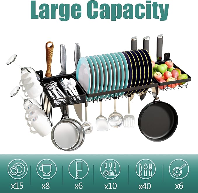 Adjustable Stainless Steel Wall Mounted Over the Sink Dish Drying Rack, Large Capacity Pot Rack Dish Rack with Utensil Holder for Kitchen Storage Organizer Patent Pending (Black) - Image 3