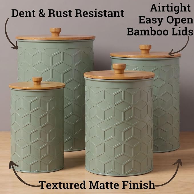 Kitchen Canisters for Countertop Set of 4, Textured Iron w/ Airtight Lids | Airtight Easy Open Bamboo Lids - Dent-Resistant Thick Metal - Sturdy Comfortable Bamboo Handles - Raised Textured Pattern - Image 2