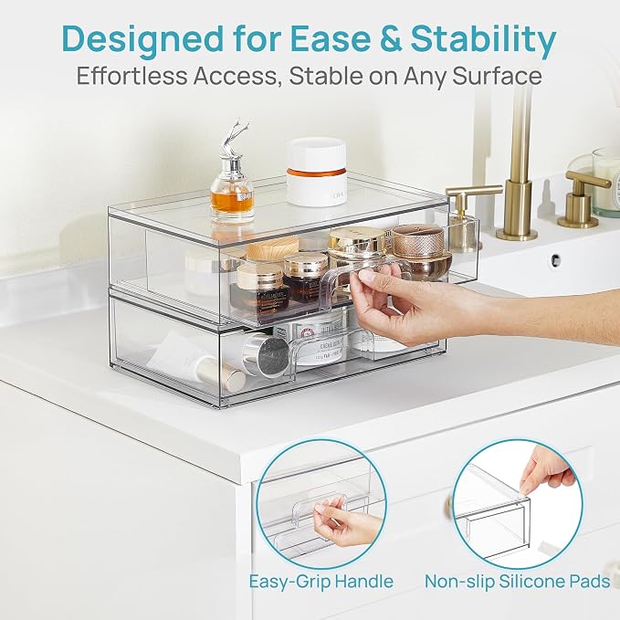 Vtopmart Clear Stackable Storage Drawers, 2 Pack Wide Plastic Organizers | Clear Pull-Out Plastic Drawers, Stackable Design for Makeup Palettes, Cosmetics, Beauty Supplies, Vanity, Cabinet and Desk - Image 8