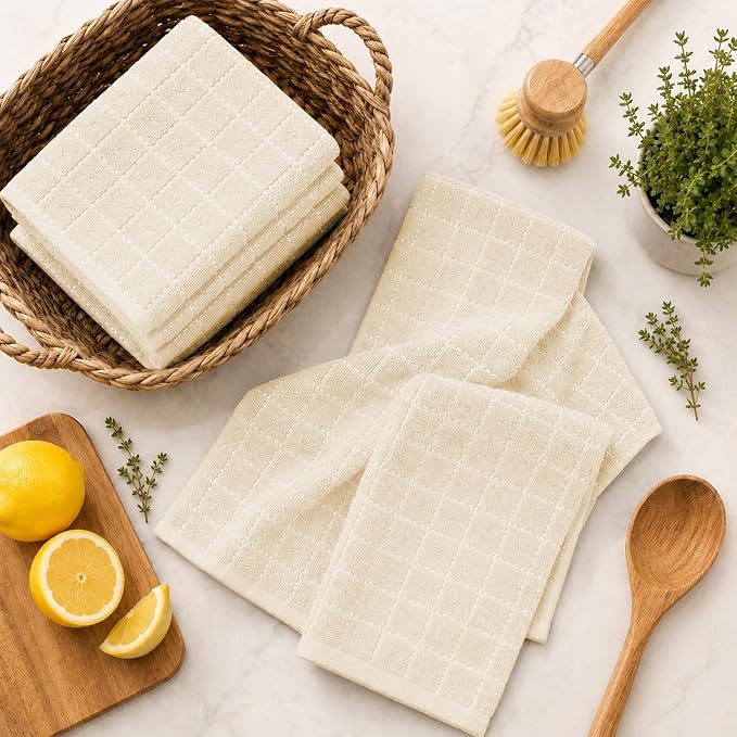 Kitinjoy 100% Cotton Terry Kitchen Towels, 13”x 28”, 4-Pack, Beige | Checkered Designed, Ultra Soft Absorbent Quick Drying Dish Towels - Image 9