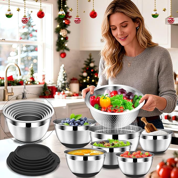 DUTZUN Mixing Bowls with Lids Set - 16pcs Stainless Steel Mixing Bowl Set with Colander, 3 Grater Attachments, Non-Slip Bottom, Metal Nesting Bowls with Strainer for Mixing & Serving - Black - Image 7