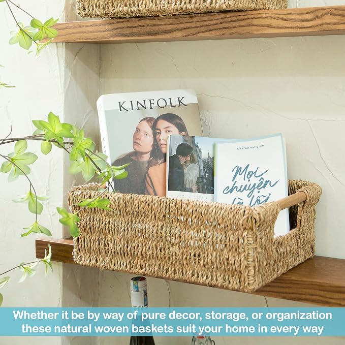 Large Natural Wicker Basket Rectangular with Wooden Handles, Seagrass Storage for Organizing, Shelves 15.5 x 10.6 x 5.5 inches - Image 6