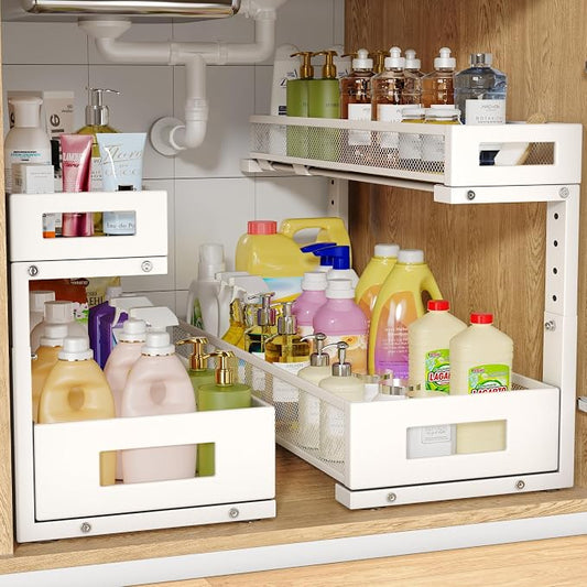 2 Pack 20.47IN Depth Under Sink Storage Organizer, Large 2-Tier Elegant Mesh Pull Out Shelf for Kitchen and Bathroom Cabinet Organization, L-Shaped and Adjustable Height Design-White by UnderSinkOrganizer