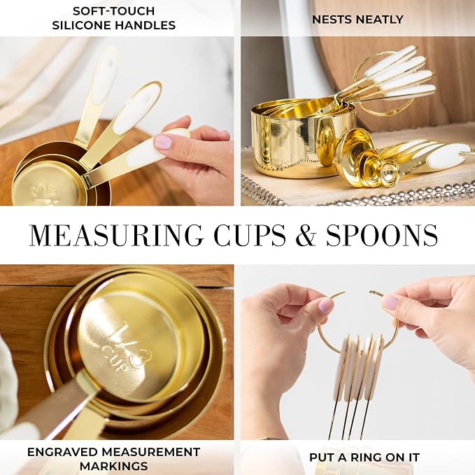 Styled Settings White and Gold Kitchen Utensils Set, 15-Piece | BPA free, Non-Scratch, Silicone Utensils Set Includes Measuring Cups and Spoons, White and Gold Kitchen Accessories - Image 5