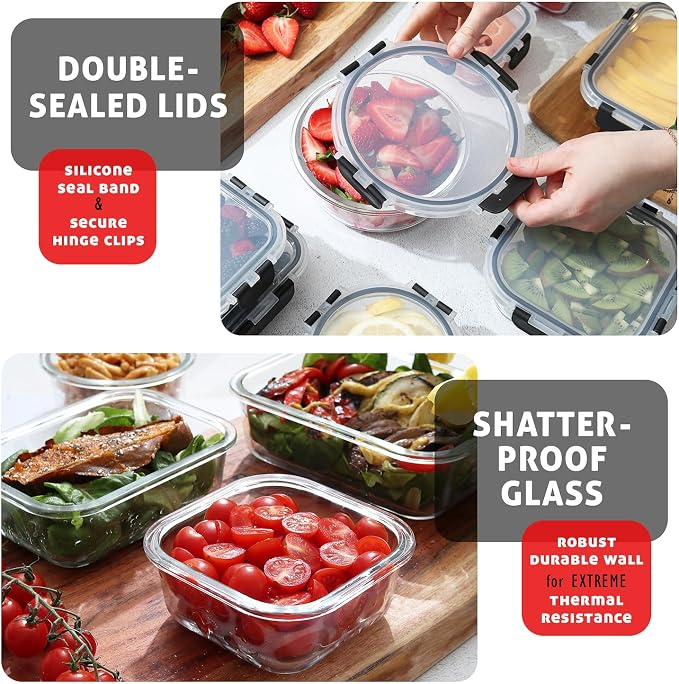 Nestl 48pc Glass Storage Containers with Lids, 24 Glass Food Storage Containers with 24 Airtight Lids for Pantry & Kitchen, Meal Prep Containers for Lunch, Oven Microwave & Dishwasher Safe, Black - Image 8