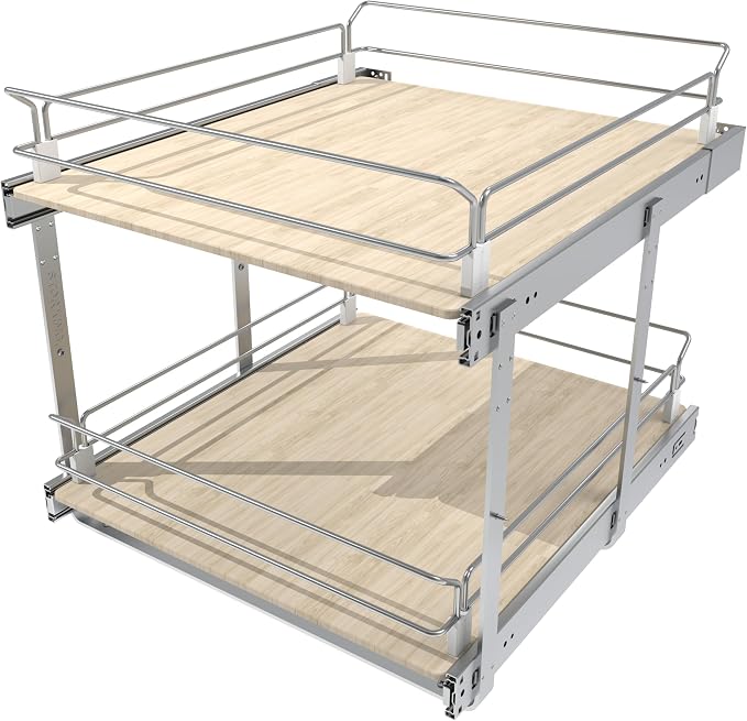2 Tier Pull Out Cabinet Organizer 20.08" W X 22" D, Wood & Chromed | Full Slide Out Drawers For Kitchen Cabinets, Cabinets Capacity Heavy Duty Caddy, Cabinet Pullout Shelves , Pantry Storage - Image 8