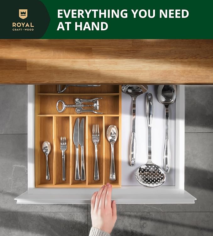 ROYAL CRAFT WOOD Luxury Bamboo Utensil Rack and Silverware Organizer, Kitchen Drawer Organizer - Utensil Holder and Cutlery Tray with Grooved Drawer Dividers for Flatware 7 Slot, Natural - Image 5
