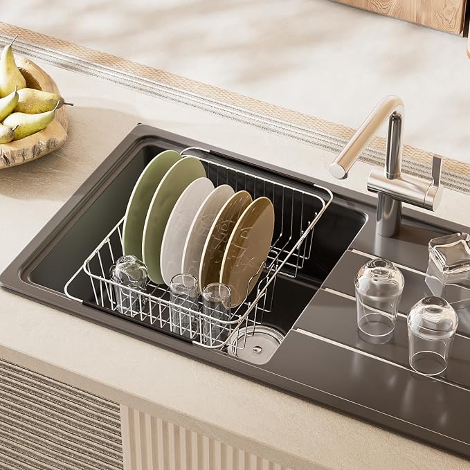 JAQ Over Sink Dish Drying Rack for Medium to Large Sink, Expandable 15.08"–22.4", Adjustable 304 Stainless Steel Dish Drainer with Utensil Holder, Large Capacity Holds Up to 13 Plates - Image 6
