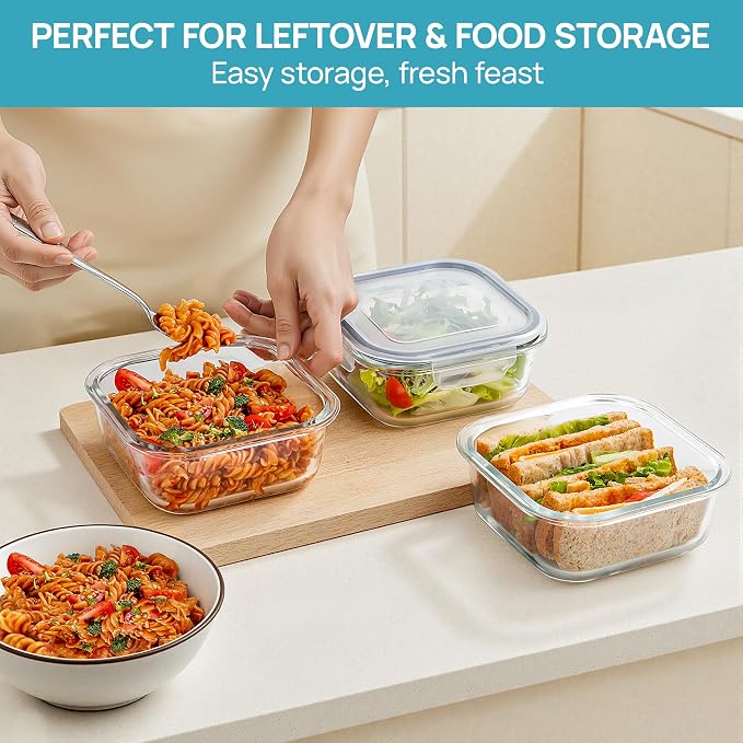Vtopmart 5Pack 27oz Glass Food Storage Containers with Lids, Grey | Glass Meal Prep Container Sets, Sandwich Containers, Snap Airtight Lid For Microwave, Oven, Freezer and Dishwasher, BPA Free - Image 4