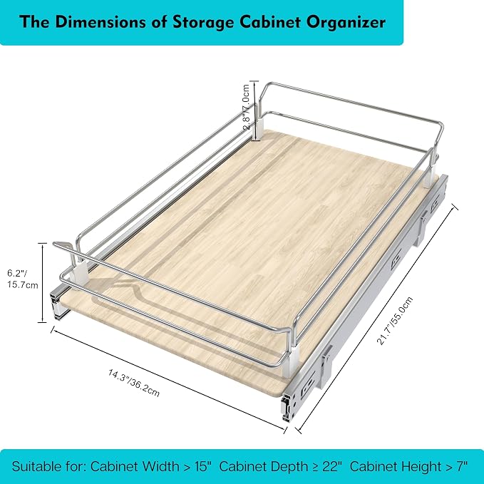 Pull Out Cabinet Organizer 14.45" W X 22" D, Wood & Chromed | Full Slide Out Drawers For Kitchen Cabinets, Cabinets Capacity Heavy Duty Caddy, Cabinet Pullout Shelves , Pantry Storage - Image 2
